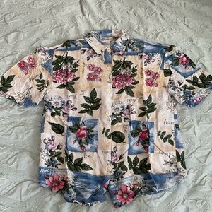 Kathie Lee Collection Floral Button Down Shirt - Blue, Pink, Green vintage surf